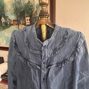 A.P.C. Chambray Blue Ruffle Button-Down Shirt